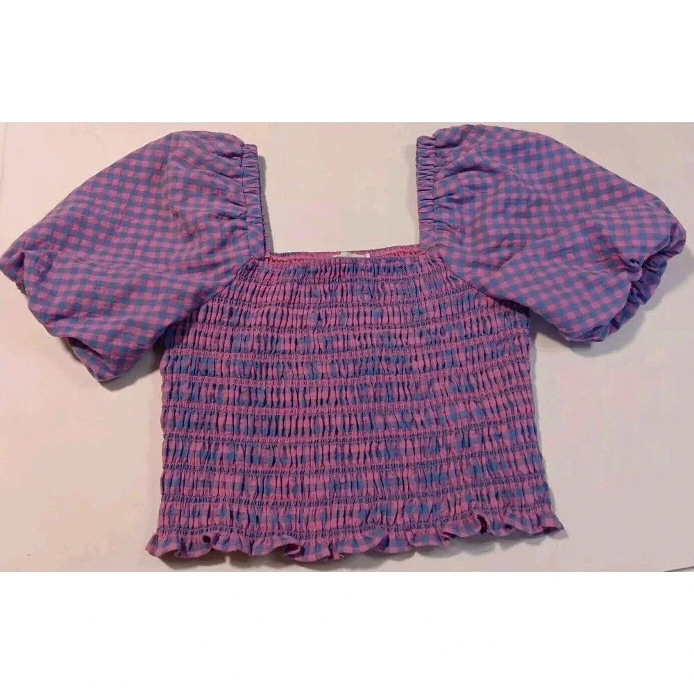 Pink & Blue Bubble Puff Sleeve Gingham Stretchy Crop Blouse‎ Boho Peasant Hippie